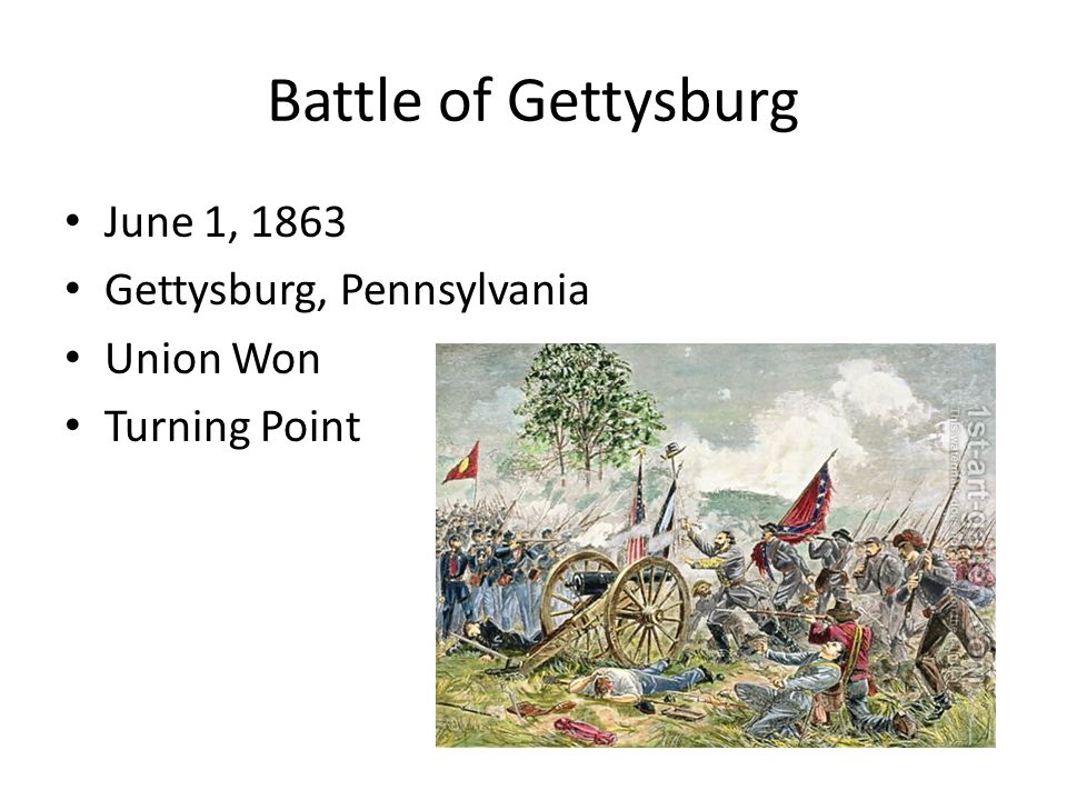 Battle of Gettysburg June 1, 1863 Gettysburg, Pennsylvania Union Won Turning Point