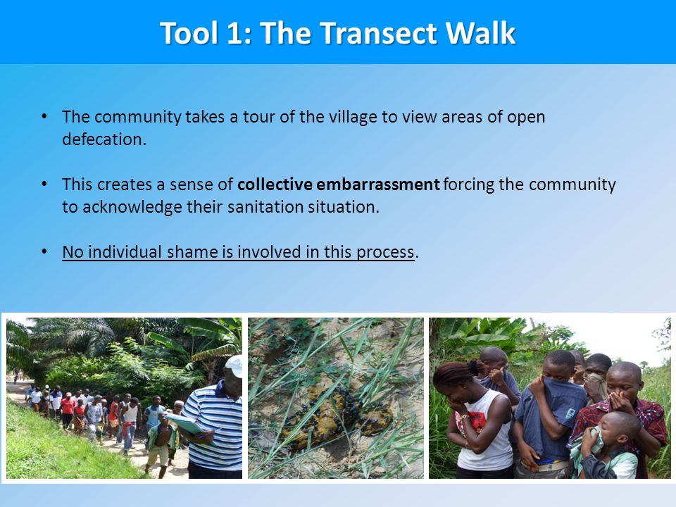 Tool 1: The Transect Walk The community takes a tour of the village to view areas of open defecation.