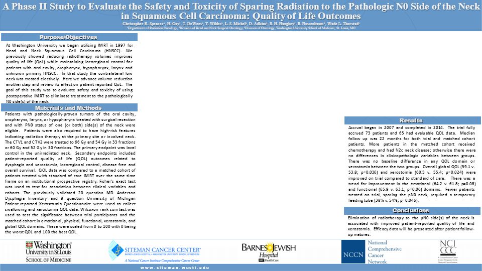 A Phase II Study to Evaluate the Safety and Toxicity of Sparing Radiation to the Pathologic N0 Side of the Neck in Squamous Cell Carcinoma: Quality of Life Outcomes Christopher R.