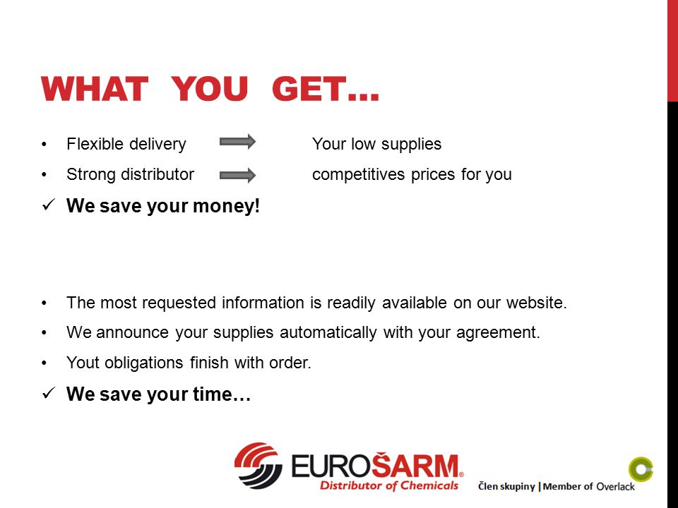 WHAT YOU GET… Flexible deliveryYour low supplies Strong distributorcompetitives prices for you We save your money.