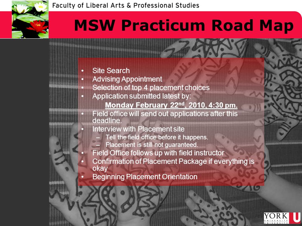 MSW Practicum Road Map Site Search Advising Appointment Selection of top 4 placement choices Application submitted latest by: Monday February 22 nd, 2010, 4:30 pm.