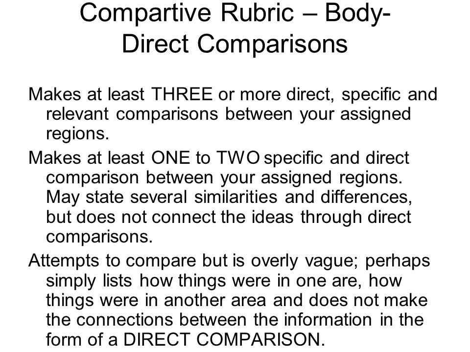 Compartive Rubric – Body- Direct Comparisons Makes at least THREE or more direct, specific and relevant comparisons between your assigned regions.