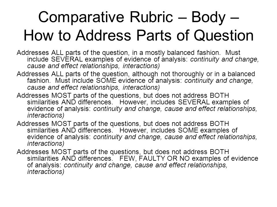 Comparative Rubric – Body – How to Address Parts of Question Addresses ALL parts of the question, in a mostly balanced fashion.