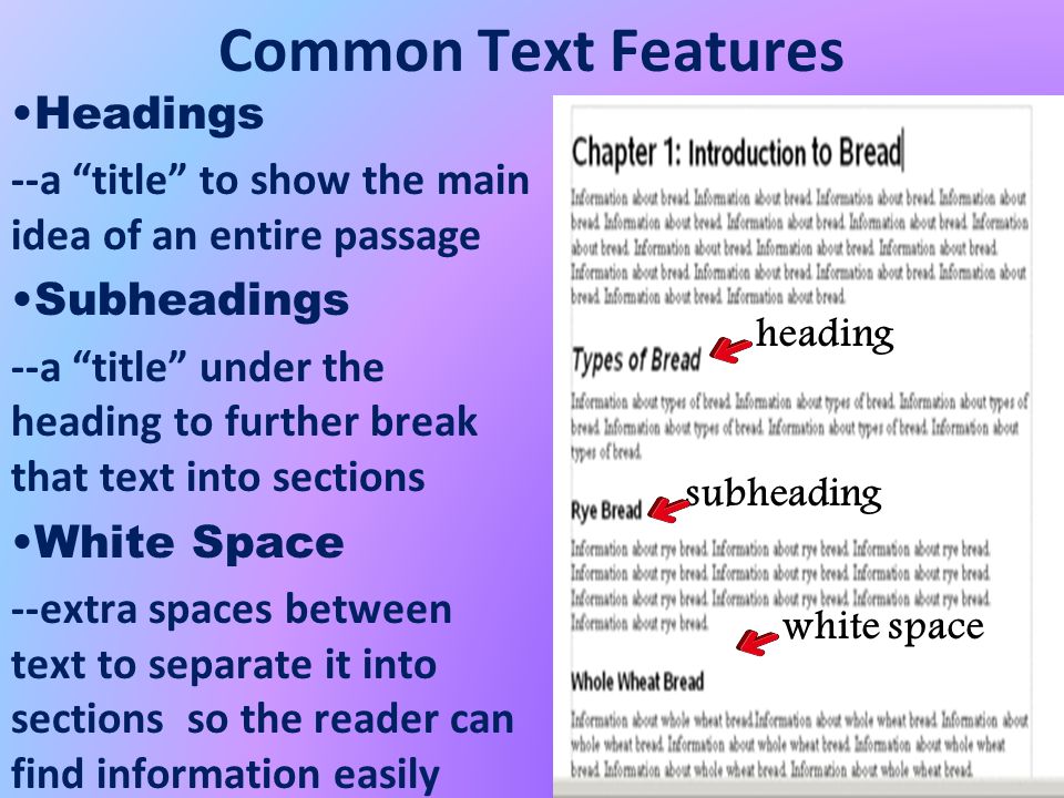 Common Text Features Headings --a title to show the main idea of an entire passage Subheadings --a title under the heading to further break that text into sections White Space --extra spaces between text to separate it into sections so the reader can find information easily heading subheading white space