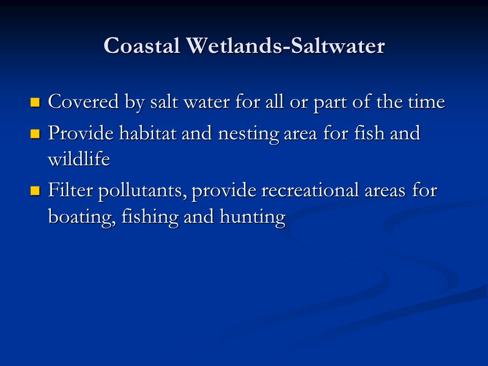 Coastal Wetlands-Saltwater Covered by salt water for all or part of the time Covered by salt water for all or part of the time Provide habitat and nesting area for fish and wildlife Provide habitat and nesting area for fish and wildlife Filter pollutants, provide recreational areas for boating, fishing and hunting Filter pollutants, provide recreational areas for boating, fishing and hunting