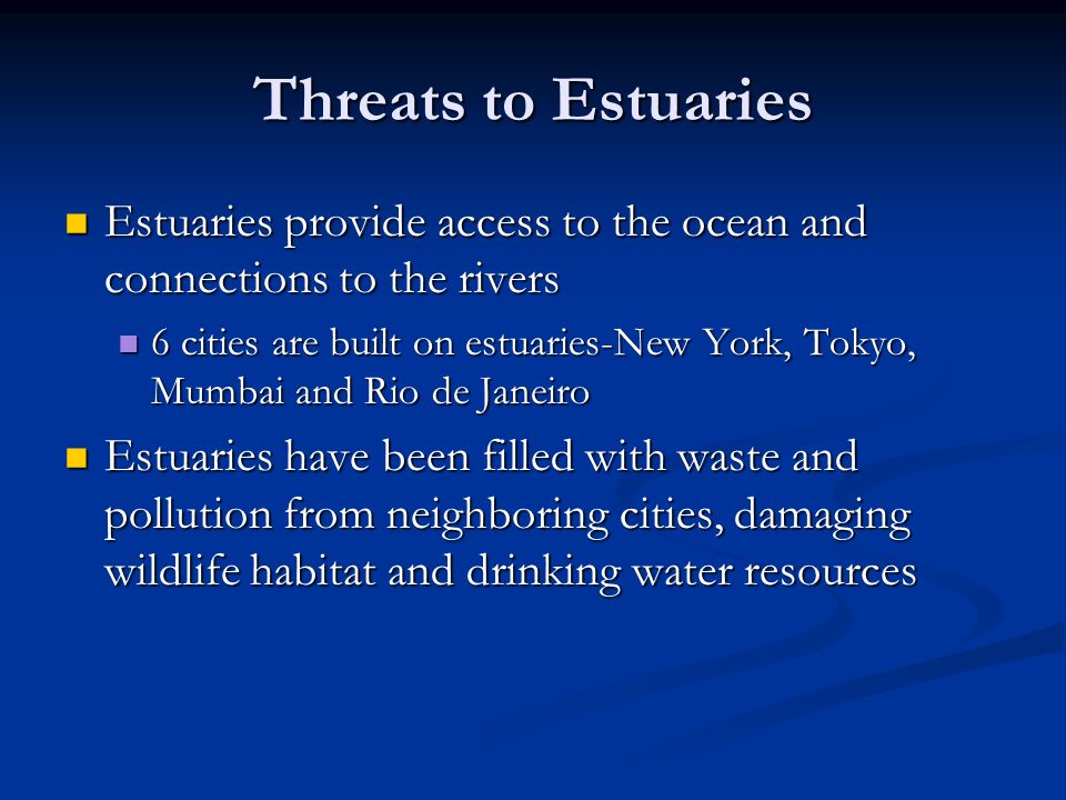 Threats to Estuaries Estuaries provide access to the ocean and connections to the rivers Estuaries provide access to the ocean and connections to the rivers 6 cities are built on estuaries-New York, Tokyo, Mumbai and Rio de Janeiro 6 cities are built on estuaries-New York, Tokyo, Mumbai and Rio de Janeiro Estuaries have been filled with waste and pollution from neighboring cities, damaging wildlife habitat and drinking water resources Estuaries have been filled with waste and pollution from neighboring cities, damaging wildlife habitat and drinking water resources