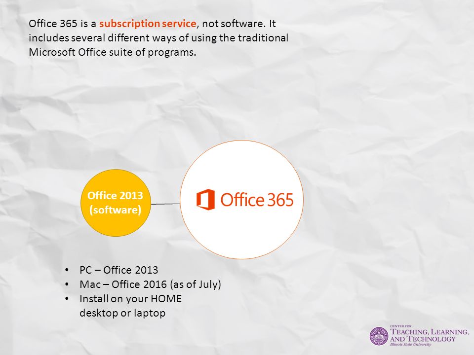 Office 2013 (software) Office 365 is a subscription service, not software.