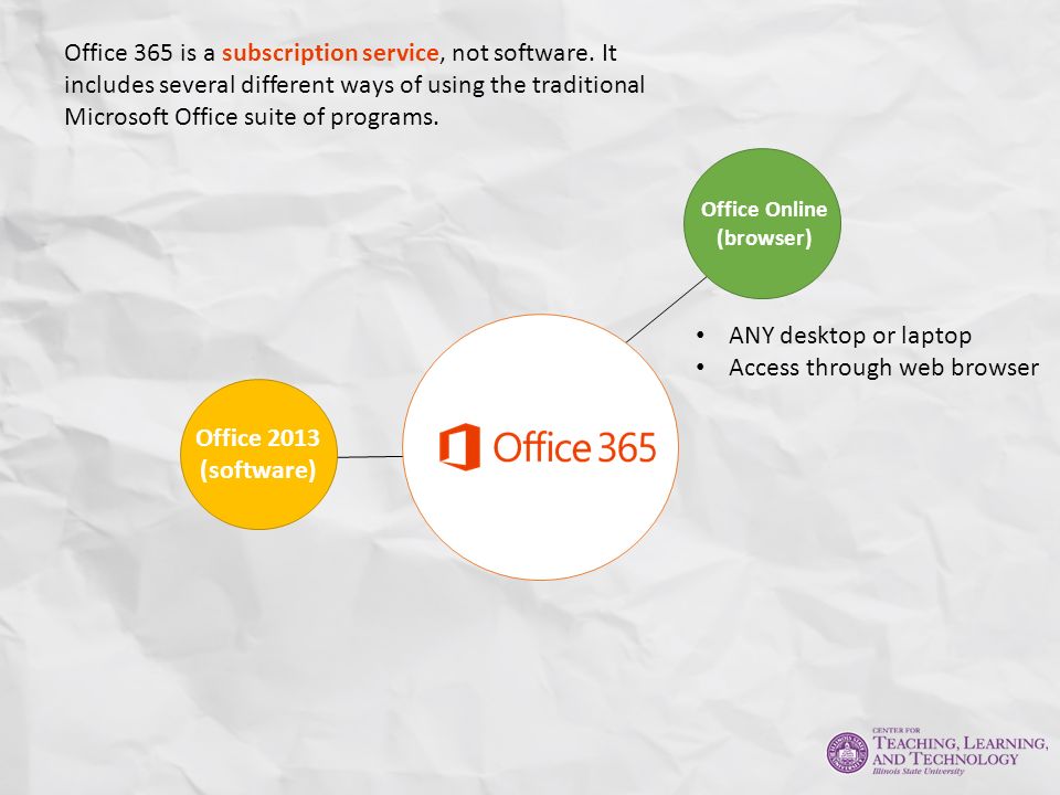 Office Online (browser) Office 2013 (software) Office 365 is a subscription service, not software.