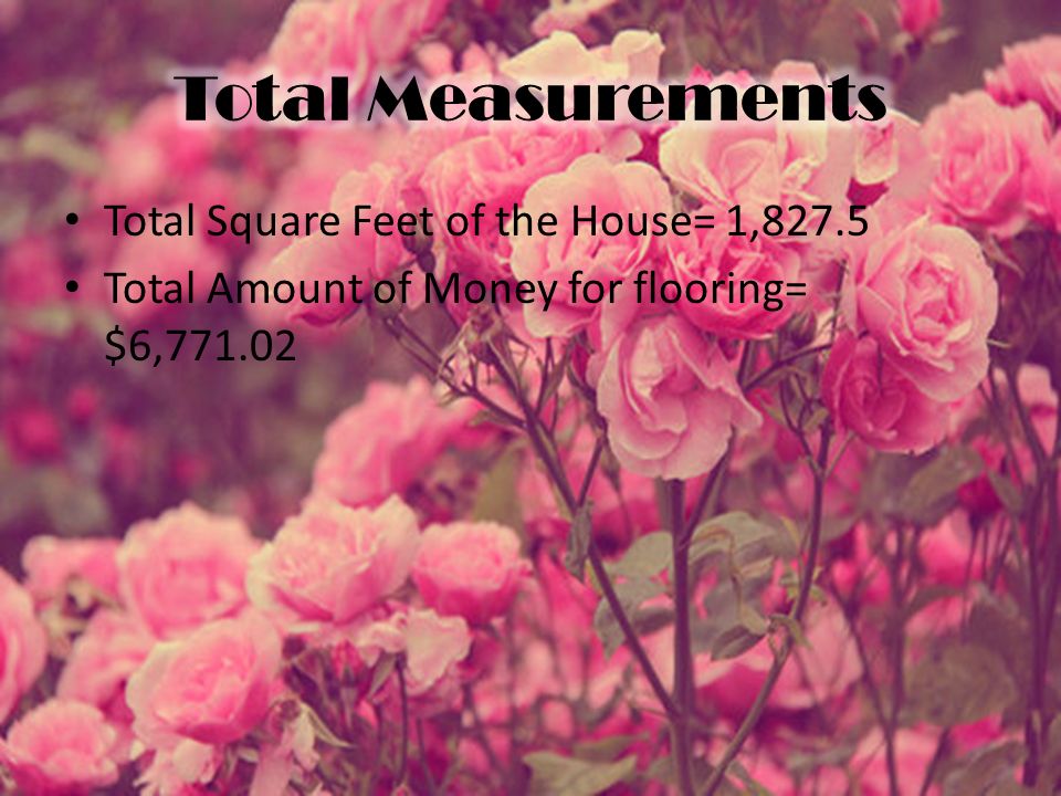 Total Square Feet of the House= 1,827.5 Total Amount of Money for flooring= $6,771.02