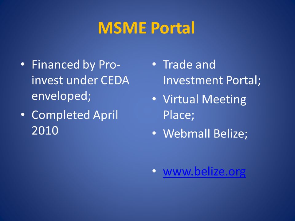 MSME Portal Financed by Pro- invest under CEDA enveloped; Completed April 2010 Trade and Investment Portal; Virtual Meeting Place; Webmall Belize;