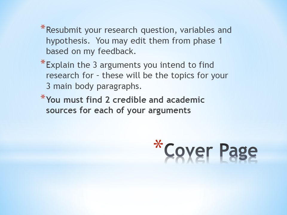 * Resubmit your research question, variables and hypothesis.