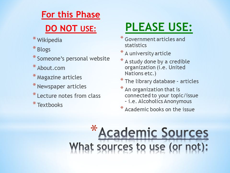 For this Phase DO NOT USE: * Wikipedia * Blogs * Someone’s personal website * About.com * Magazine articles * Newspaper articles * Lecture notes from class * Textbooks PLEASE USE: * Government articles and statistics * A university article * A study done by a credible organization (i.e.