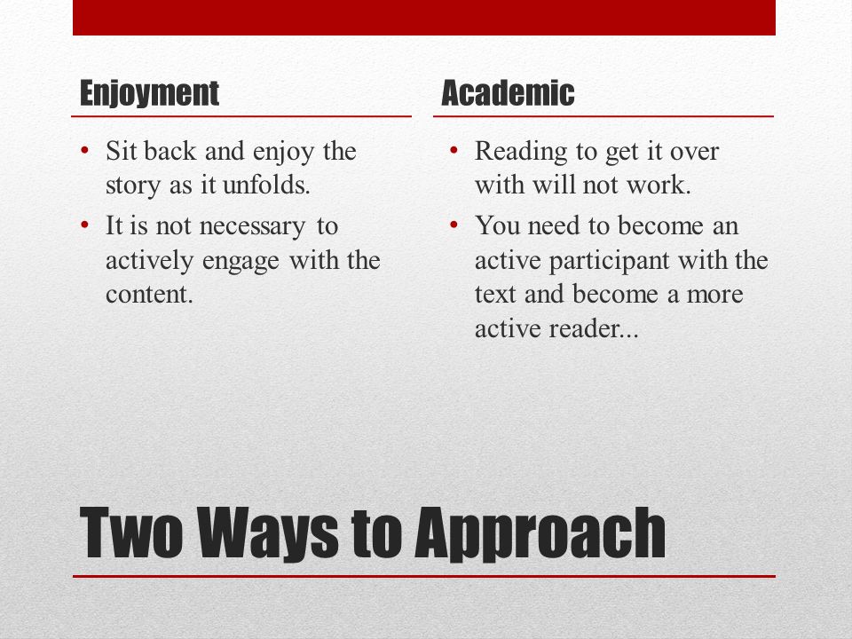 Two Ways to Approach Academic Reading to get it over with will not work.