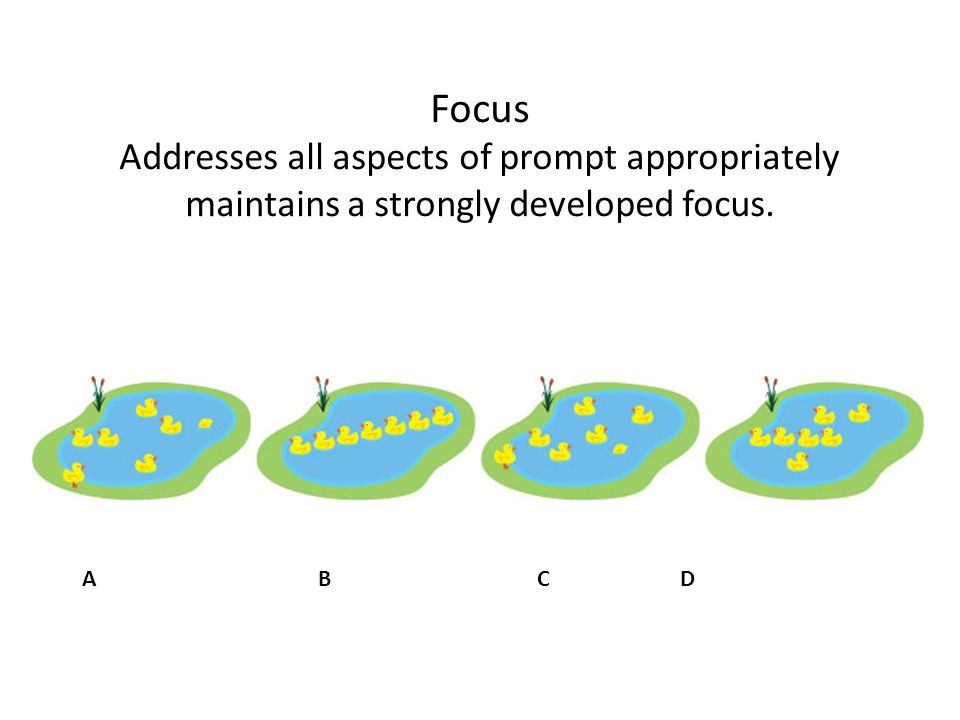 Focus Addresses all aspects of prompt appropriately maintains a strongly developed focus. A B C D