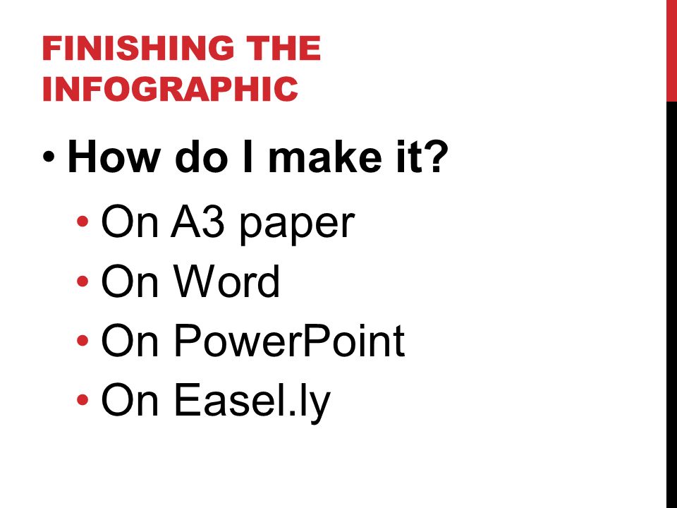 FINISHING THE INFOGRAPHIC How do I make it On A3 paper On Word On PowerPoint On Easel.ly