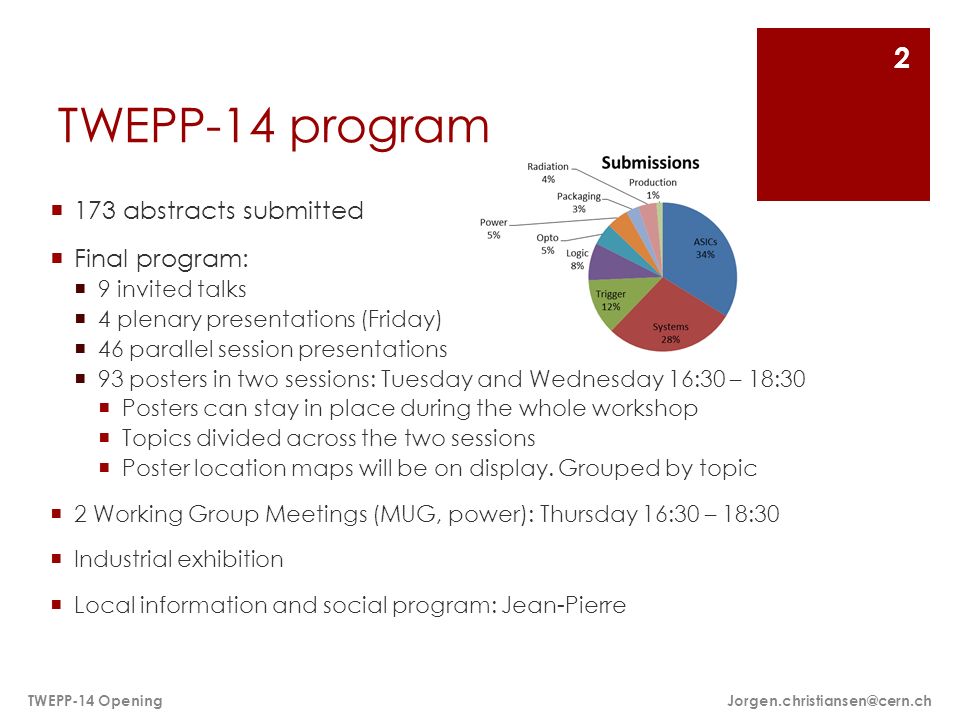 TWEPP-14 program  173 abstracts submitted  Final program:  9 invited talks  4 plenary presentations (Friday)  46 parallel session presentations  93 posters in two sessions: Tuesday and Wednesday 16:30 – 18:30  Posters can stay in place during the whole workshop  Topics divided across the two sessions  Poster location maps will be on display.