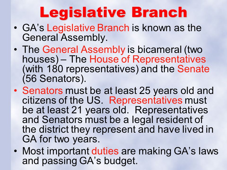 Legislative Branch GA’s Legislative Branch is known as the General Assembly.