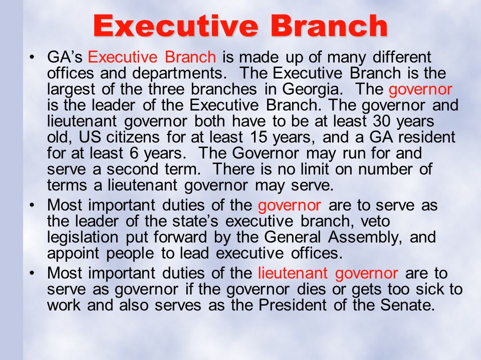 Executive Branch GA’s Executive Branch is made up of many different offices and departments.