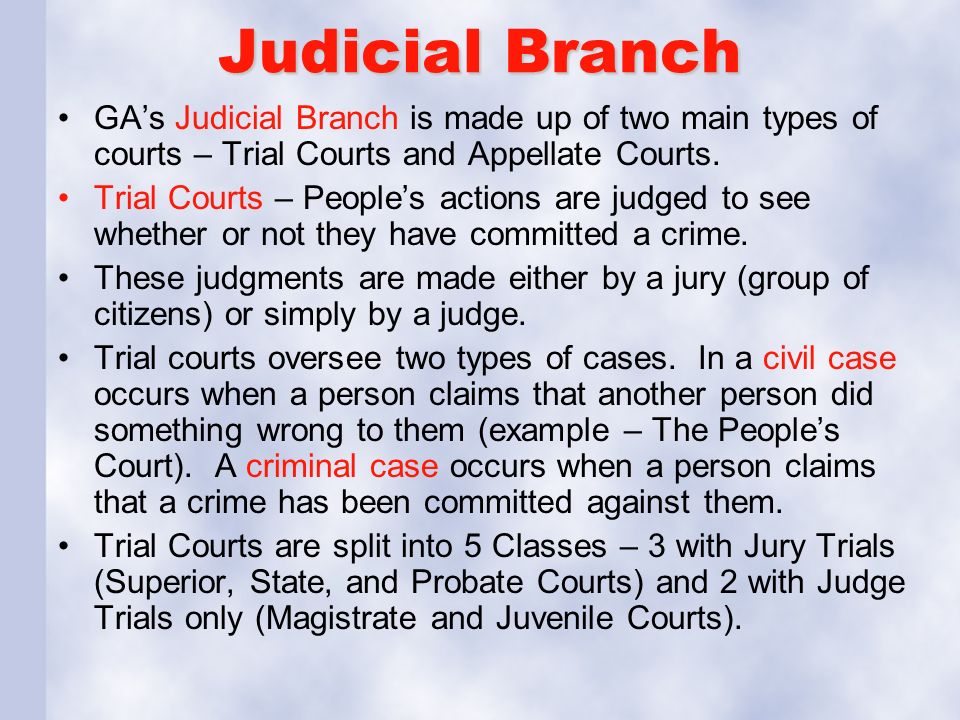 Judicial Branch GA’s Judicial Branch is made up of two main types of courts – Trial Courts and Appellate Courts.
