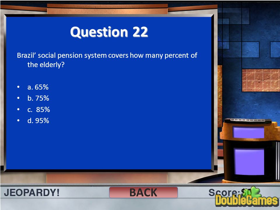 Question 22 Brazil’ social pension system covers how many percent of the elderly.