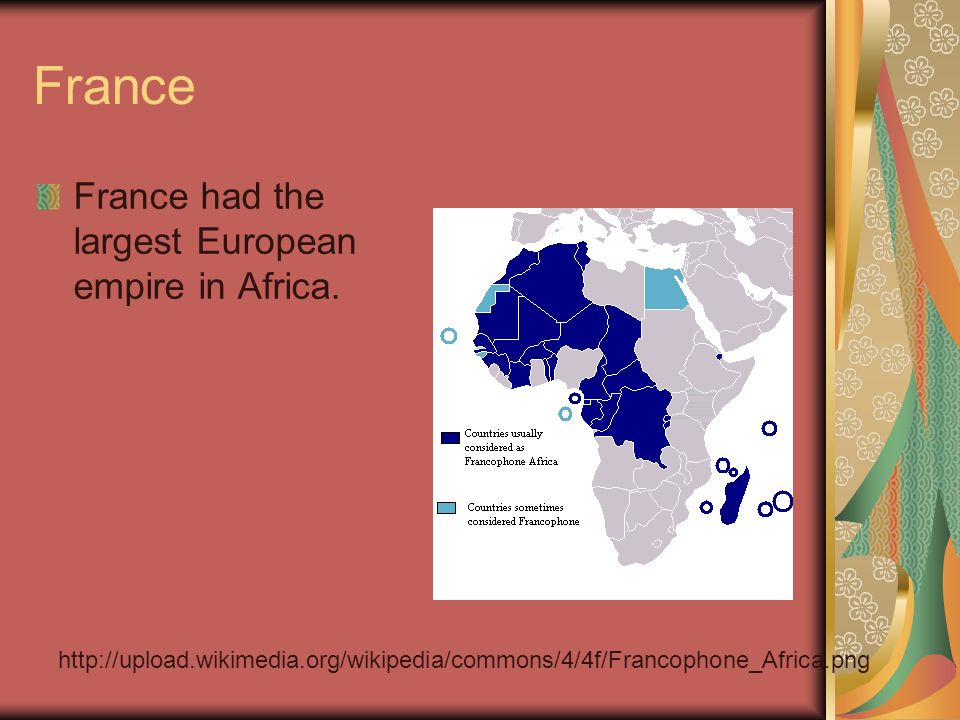 France France had the largest European empire in Africa.