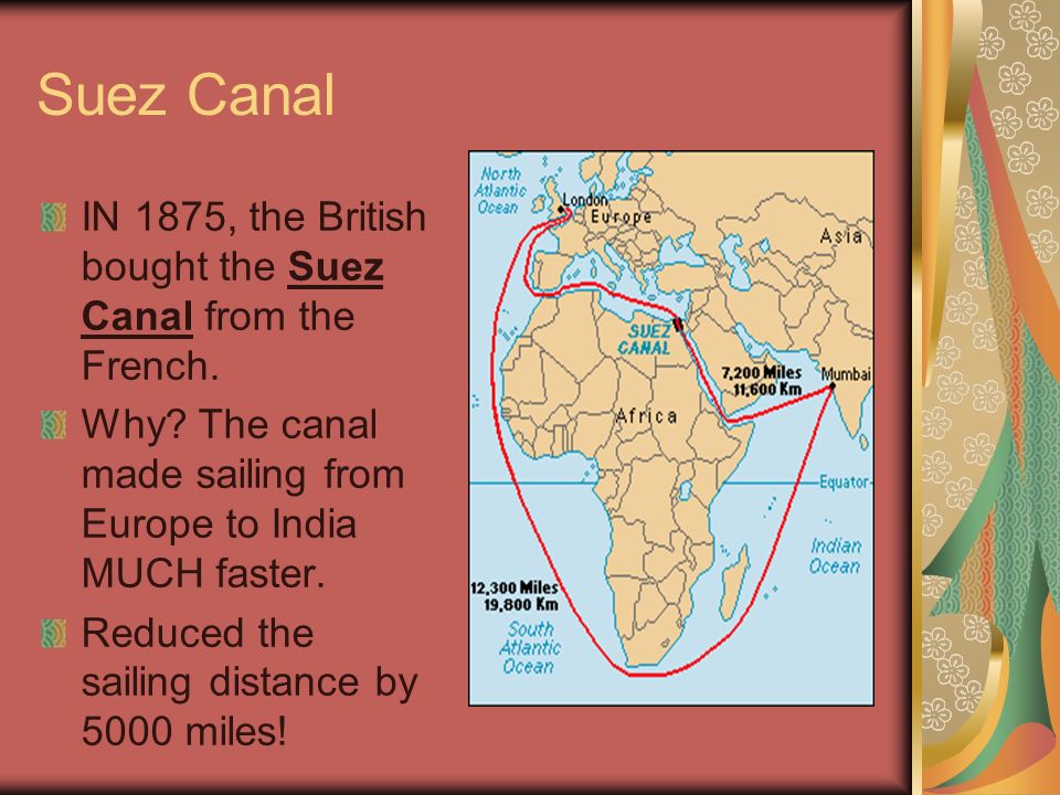 Suez Canal IN 1875, the British bought the Suez Canal from the French.