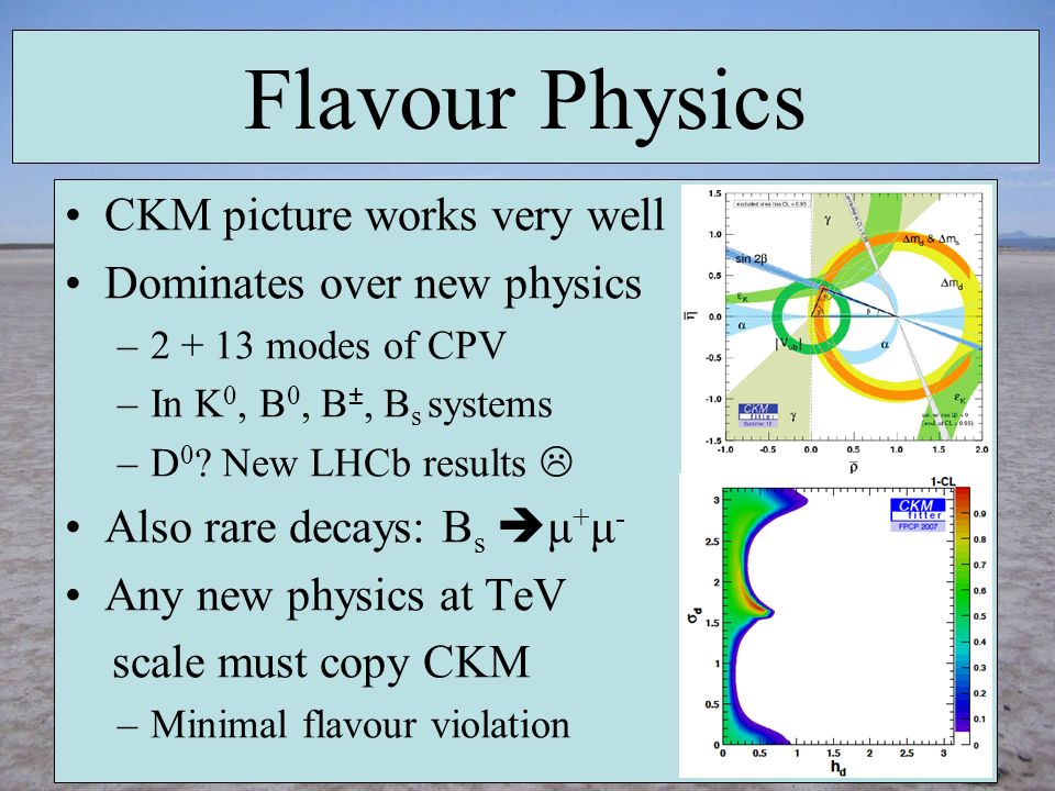 Flavour Physics CKM picture works very well Dominates over new physics – modes of CPV –In K 0, B 0, B ±, B s systems –D 0 .
