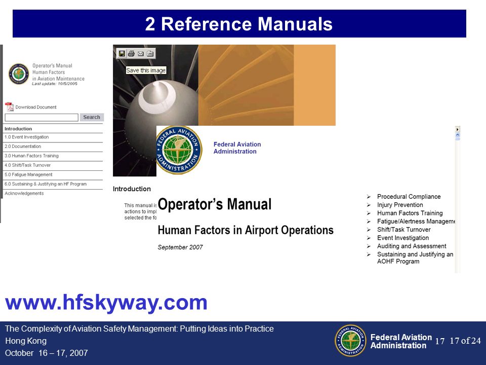 Federal Aviation Administration 17 of 24 The Complexity of Aviation Safety Management: Putting Ideas into Practice Hong Kong October 16 – 17, Reference Manuals