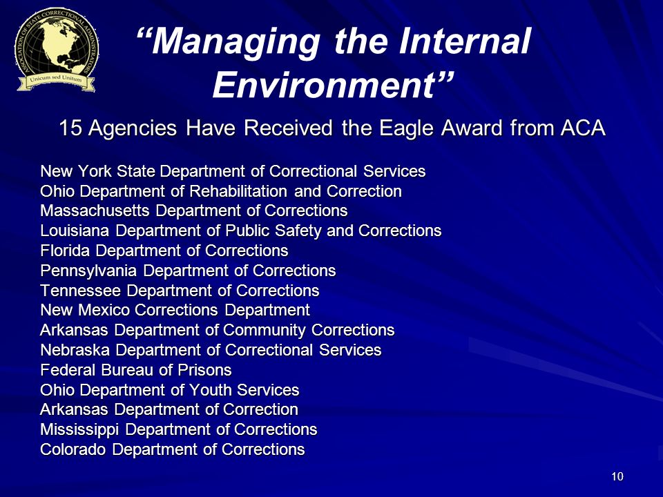 10 Managing the Internal Environment 15 Agencies Have Received the Eagle Award from ACA New York State Department of Correctional Services Ohio Department of Rehabilitation and Correction Massachusetts Department of Corrections Louisiana Department of Public Safety and Corrections Florida Department of Corrections Pennsylvania Department of Corrections Tennessee Department of Corrections New Mexico Corrections Department Arkansas Department of Community Corrections Nebraska Department of Correctional Services Federal Bureau of Prisons Ohio Department of Youth Services Arkansas Department of Correction Mississippi Department of Corrections Colorado Department of Corrections