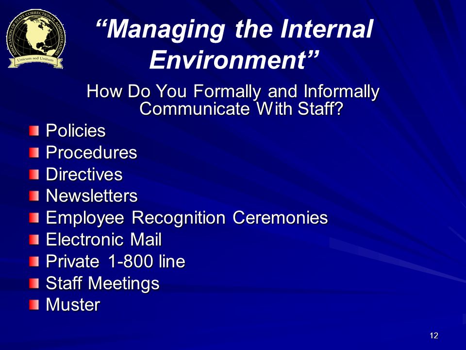 12 Managing the Internal Environment How Do You Formally and Informally Communicate With Staff.