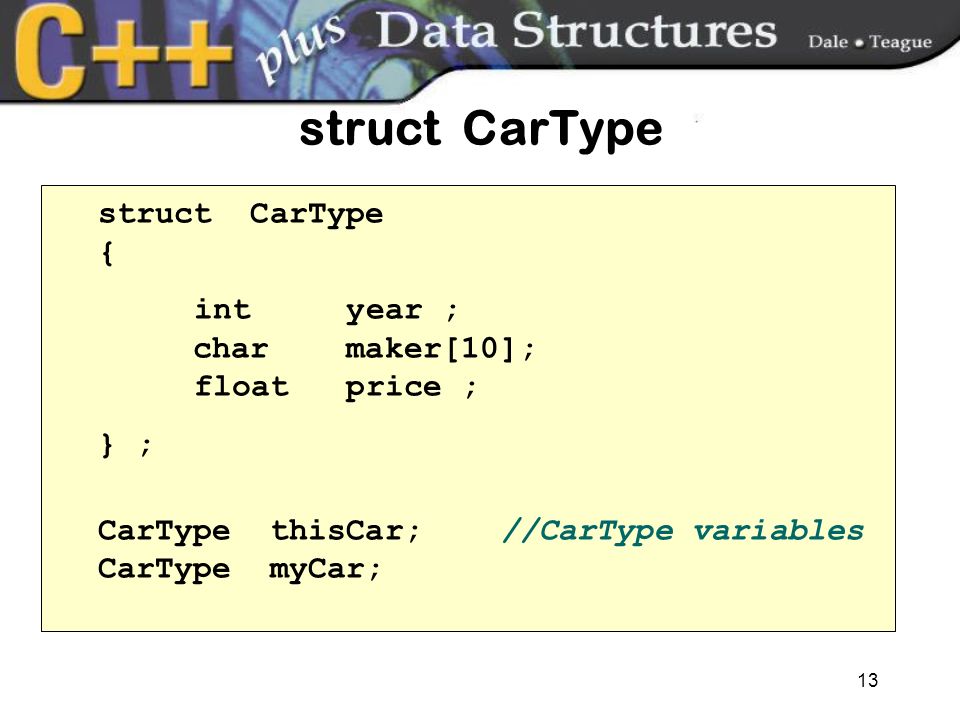 13 struct CarType { int year ; char maker[10]; float price ; } ; CarType thisCar; //CarType variables CarType myCar;