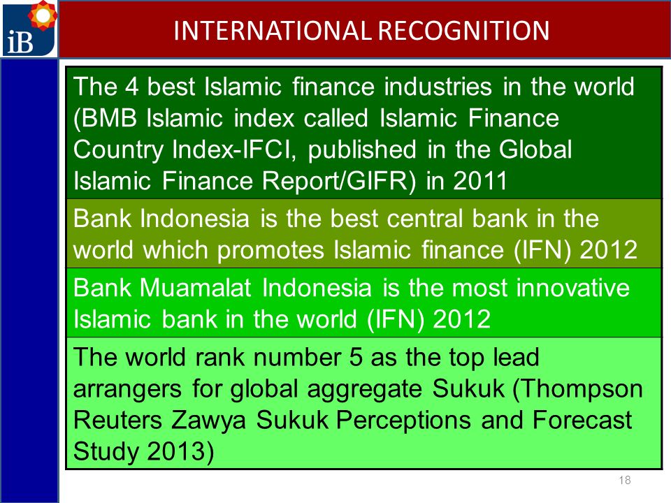 18 INTERNATIONAL RECOGNITION The 4 best Islamic finance industries in the world (BMB Islamic index called Islamic Finance Country Index-IFCI, published in the Global Islamic Finance Report/GIFR) in 2011 Bank Indonesia is the best central bank in the world which promotes Islamic finance (IFN) 2012 Bank Muamalat Indonesia is the most innovative Islamic bank in the world (IFN) 2012 The world rank number 5 as the top lead arrangers for global aggregate Sukuk (Thompson Reuters Zawya Sukuk Perceptions and Forecast Study 2013)