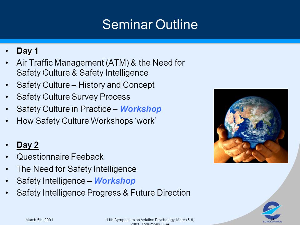 March 5th, th Symposium on Aviation Psychology, March 5-8, 2001, Columbus, USA 15 Seminar Outline Day 1Day 1 Air Traffic Management (ATM) & the Need for Safety Culture & Safety Intelligence Safety Culture – History and Concept Safety Culture Survey Process Safety Culture in Practice – Workshop How Safety Culture Workshops ‘work’ Day 2 Questionnaire Feeback The Need for Safety Intelligence Safety Intelligence – Workshop Safety Intelligence Progress & Future Direction