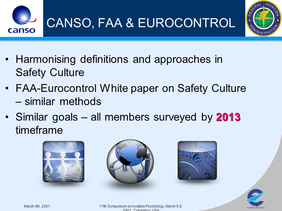 March 5th, th Symposium on Aviation Psychology, March 5-8, 2001, Columbus, USA 7 CANSO, FAA & EUROCONTROL Harmonising definitions and approaches in Safety Culture FAA-Eurocontrol White paper on Safety Culture – similar methods 2013Similar goals – all members surveyed by 2013 timeframe