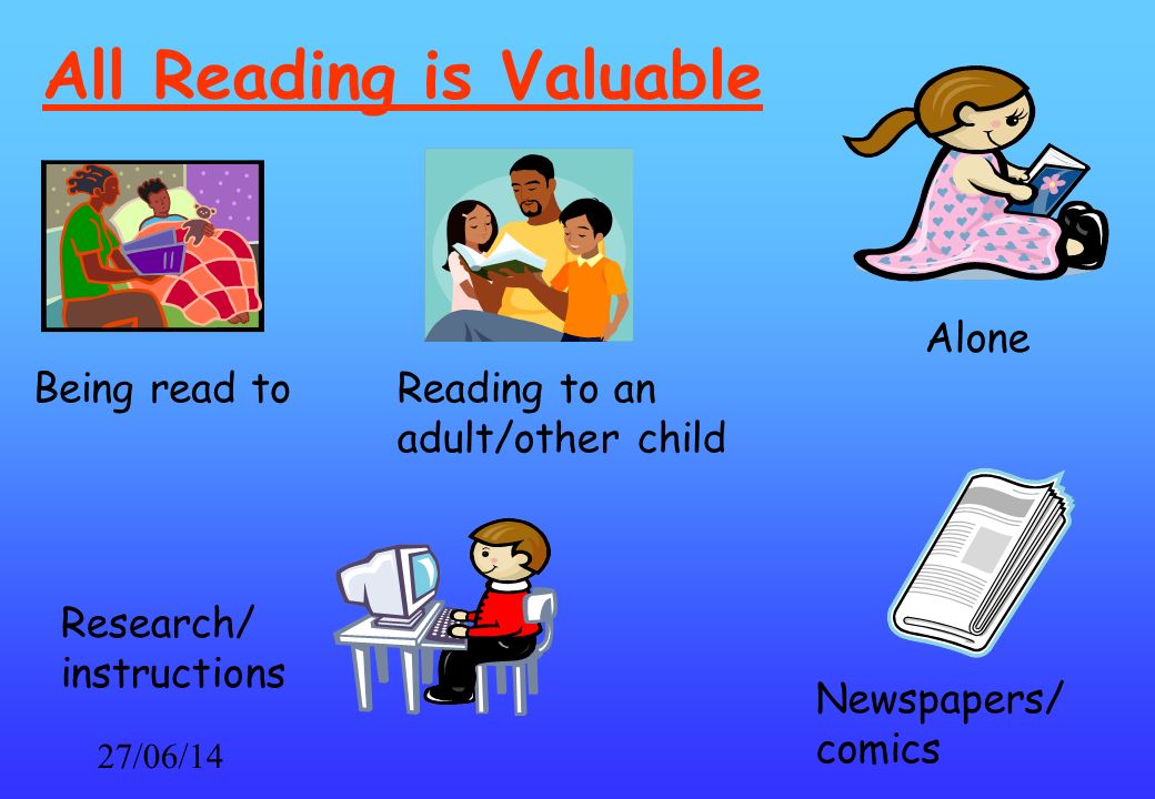 27/06/14 All Reading is Valuable Alone Reading to an adult/other child Being read to Newspapers/ comics Research/ instructions