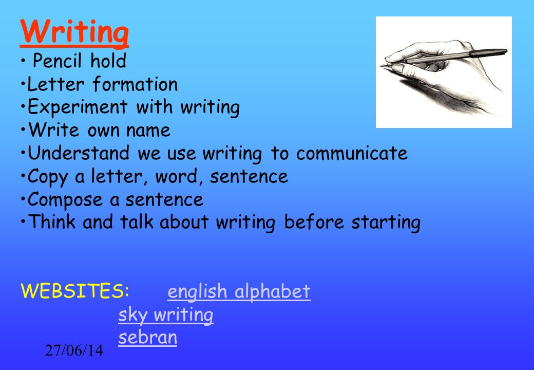 27/06/14 Writing Pencil hold Letter formation Experiment with writing Write own name Understand we use writing to communicate Copy a letter, word, sentence Compose a sentence Think and talk about writing before starting WEBSITES: english alphabetenglish alphabet sky writing sebran