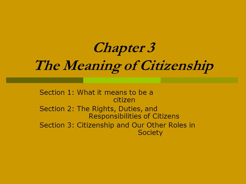 Chapter 3 The Meaning of Citizenship Section 1: What it means to be a citizen Section 2: The Rights, Duties, and Responsibilities of Citizens Section 3: Citizenship and Our Other Roles in Society