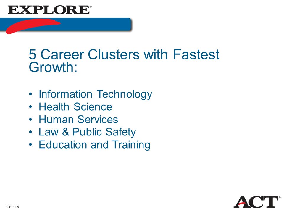 Slide 16 5 Career Clusters with Fastest Growth: Information Technology Health Science Human Services Law & Public Safety Education and Training