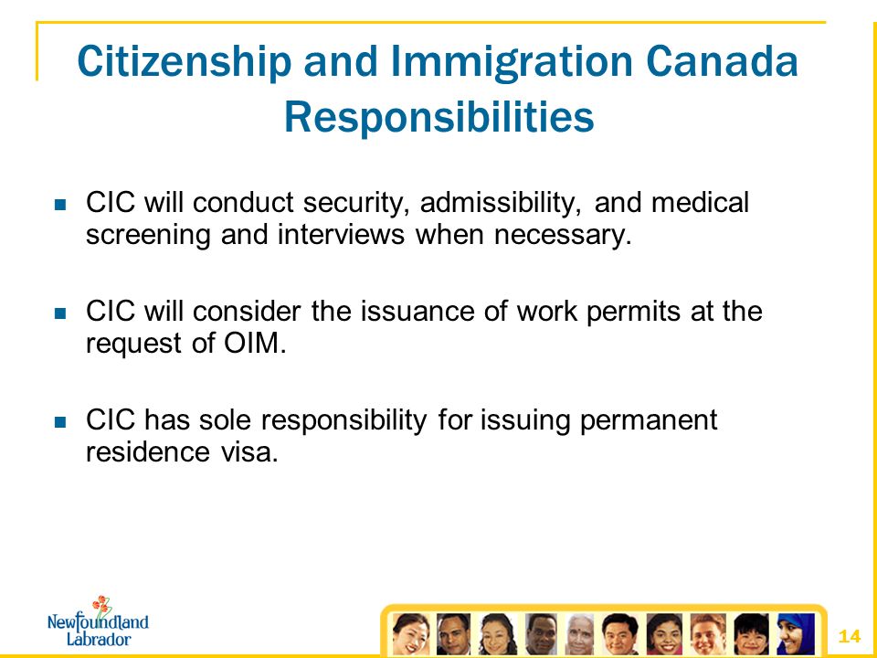 14 Citizenship and Immigration Canada Responsibilities CIC will conduct security, admissibility, and medical screening and interviews when necessary.
