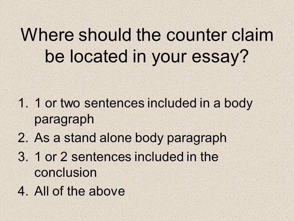 Where should the counter claim be located in your essay.