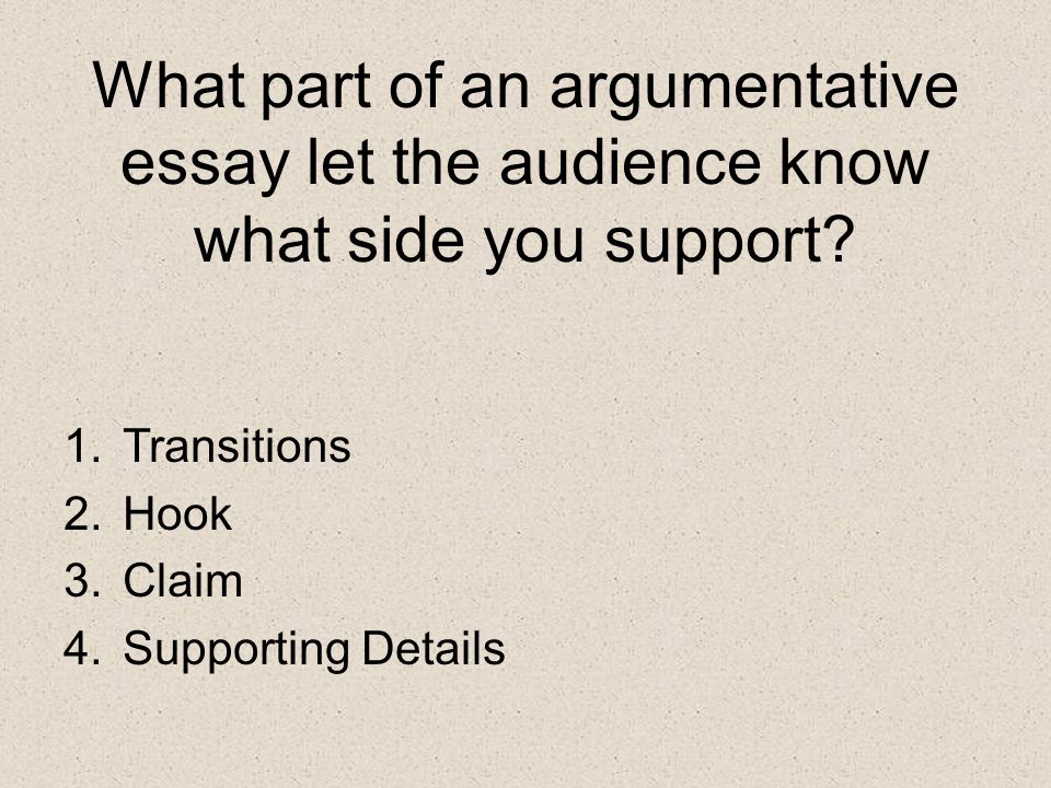 What part of an argumentative essay let the audience know what side you support.