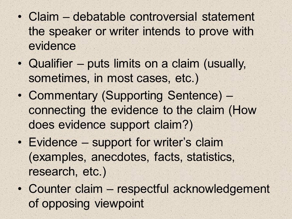 Claim – debatable controversial statement the speaker or writer intends to prove with evidence Qualifier – puts limits on a claim (usually, sometimes, in most cases, etc.) Commentary (Supporting Sentence) – connecting the evidence to the claim (How does evidence support claim ) Evidence – support for writer’s claim (examples, anecdotes, facts, statistics, research, etc.) Counter claim – respectful acknowledgement of opposing viewpoint