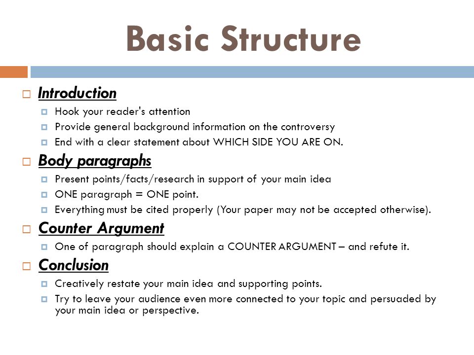 Basic Structure  Introduction  Hook your reader s attention  Provide general background information on the controversy  End with a clear statement about WHICH SIDE YOU ARE ON.