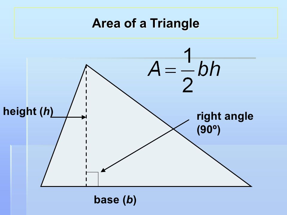 right angle (90º) base (b) height (h) Area of a Triangle