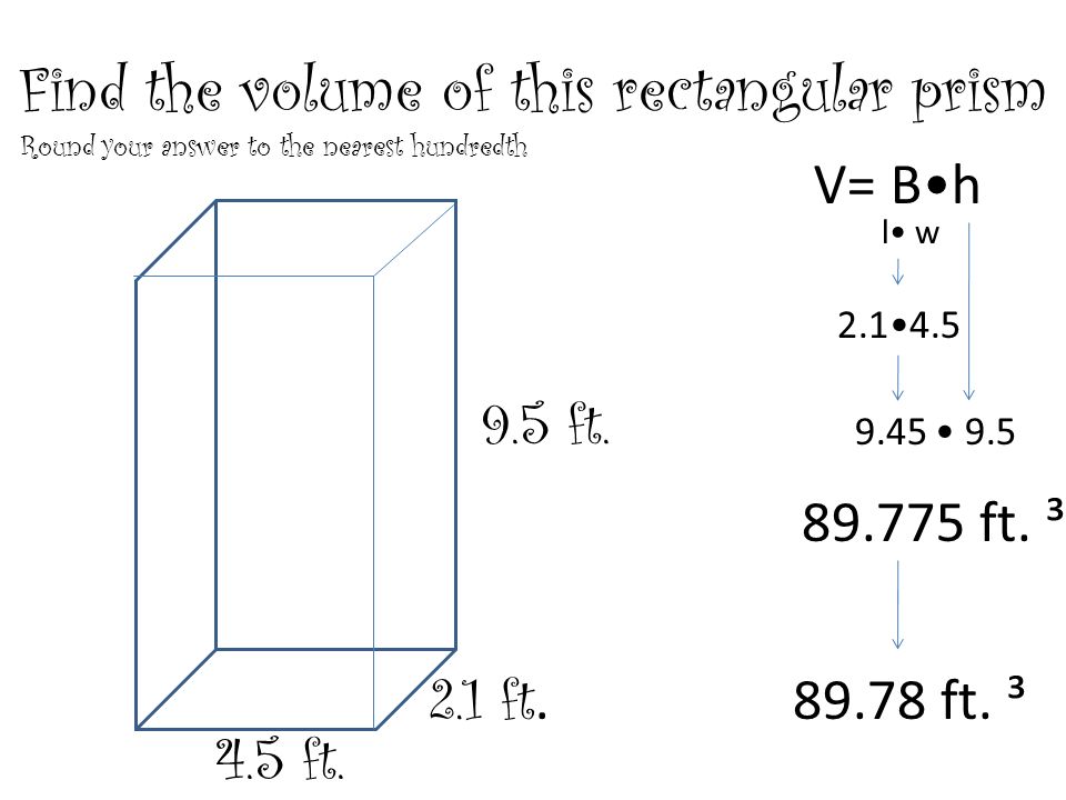 Volume of rectangular prisms. B V= Bh B = area of the base The base of a  rectangular prism is a rectangle h The area of a rectangle is length times  width. 