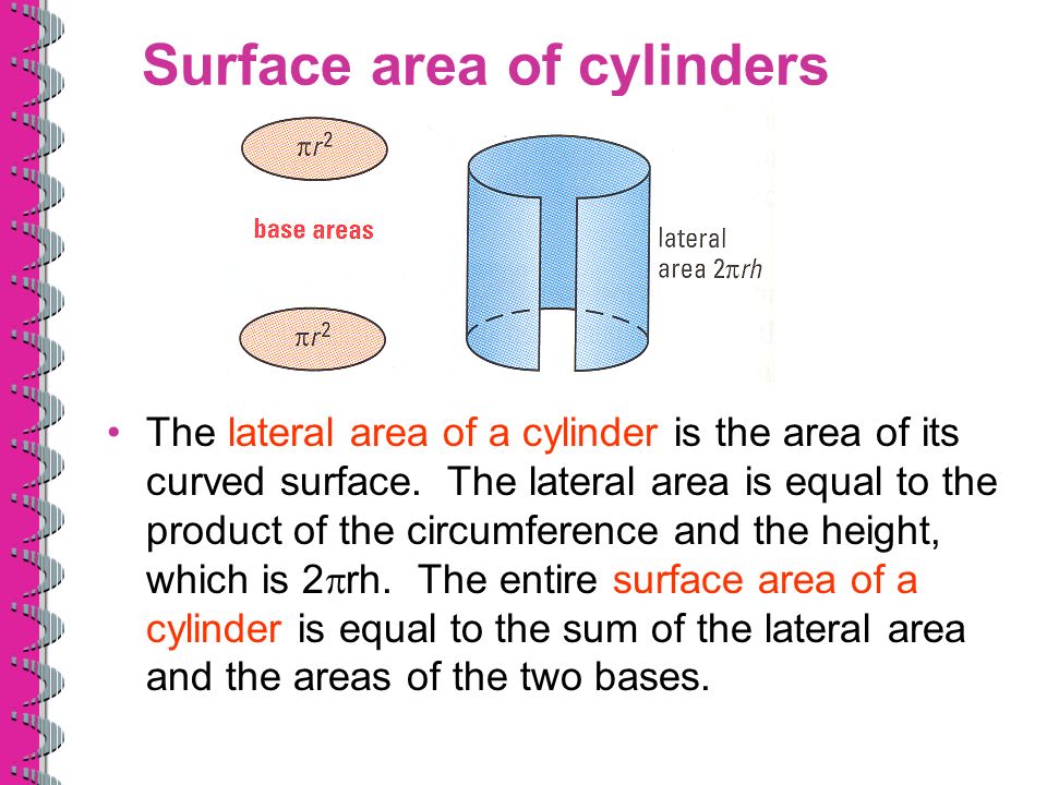 Surface area of cylinders The lateral area of a cylinder is the area of its curved surface.