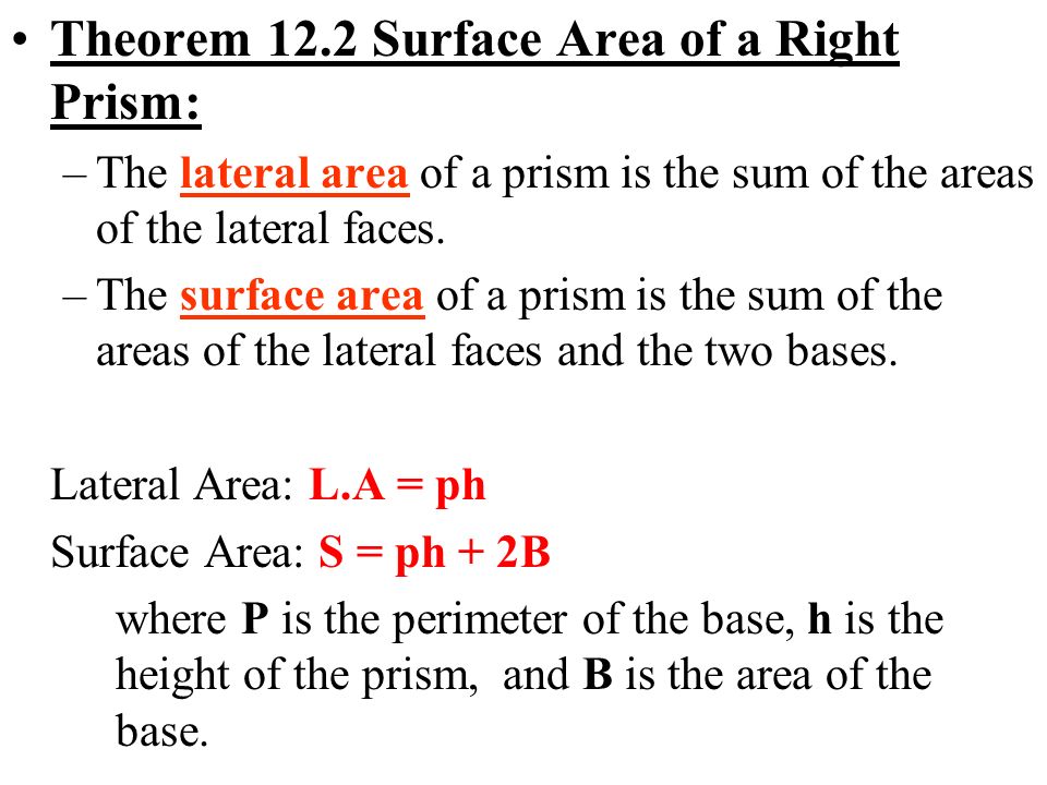 Theorem 12.2 Surface Area of a Right Prism: –The lateral area of a prism is the sum of the areas of the lateral faces.