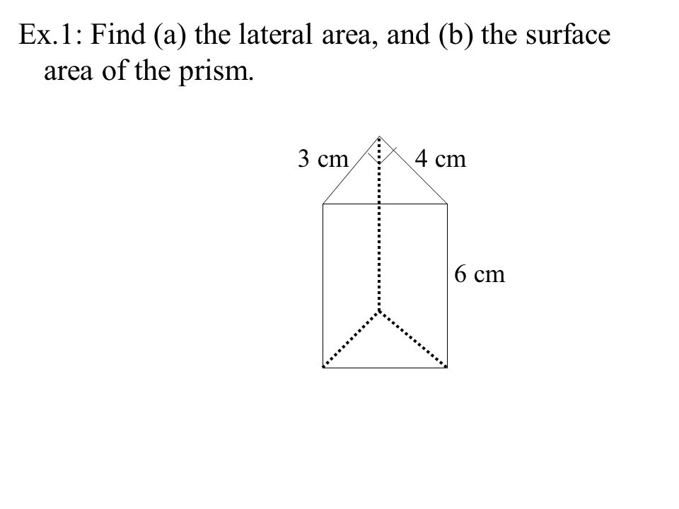 Ex.1: Find (a) the lateral area, and (b) the surface area of the prism. 3 cm 4 cm 6 cm