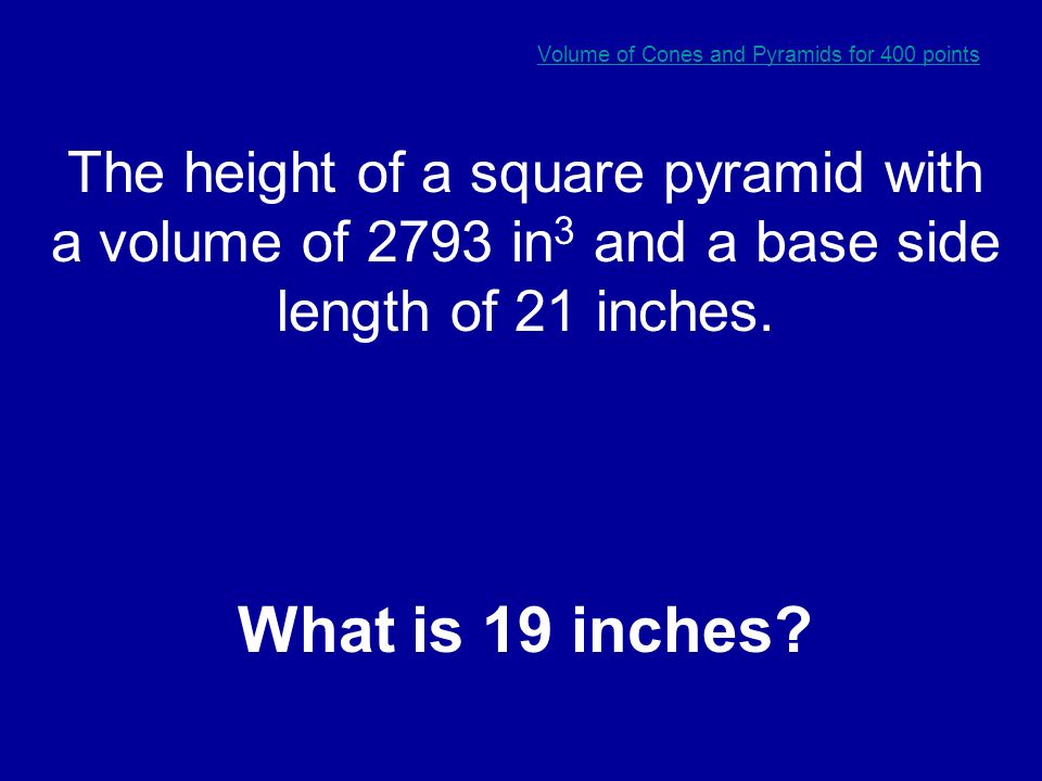 The volume of a rectangular pyramid with a height of 12 inches and base side lengths of 16 and 10 inches.