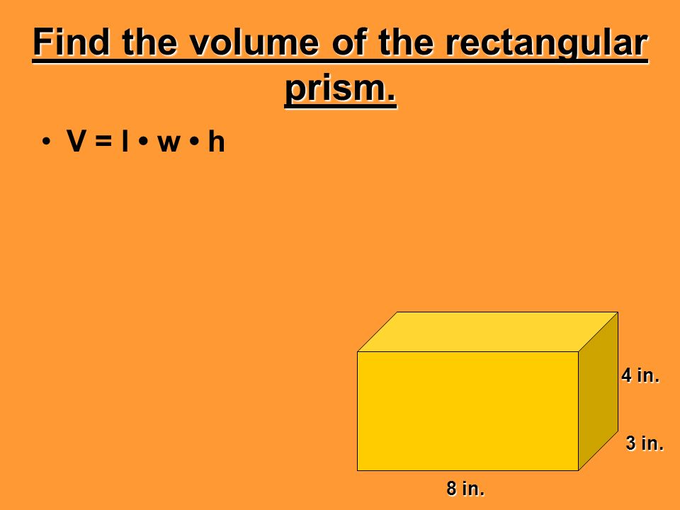Find the volume of the cube shown. V = l w h 5 cm